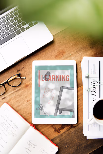 Tablet displaying a 'Learning' screen with educational graphics on a wooden desk, surrounded by a laptop, open notebook, glasses, and a cup of coffee.