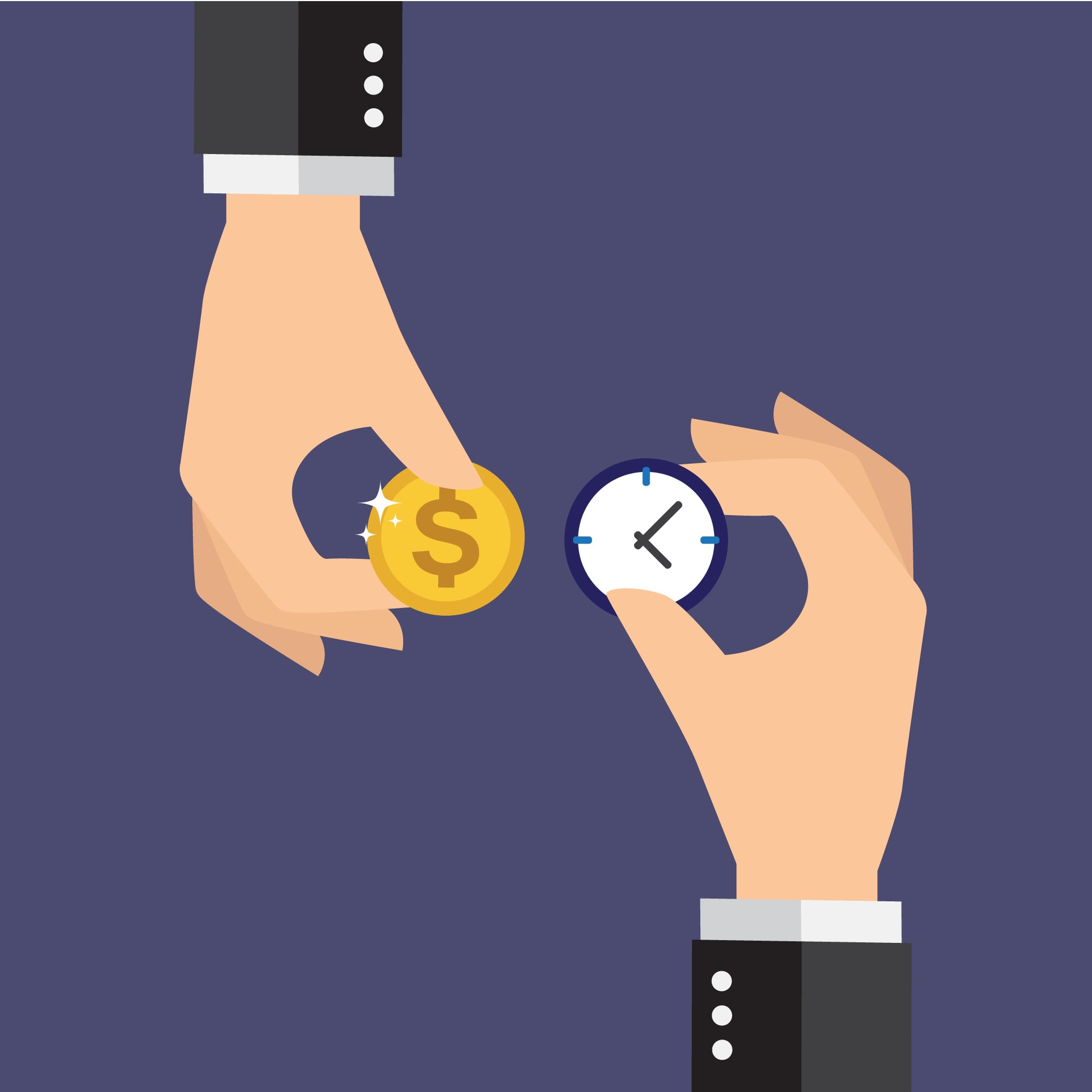 Illustration depicting the exchange of time and money, featuring a hand holding a clock and another hand holding a shiny gold coin, symbolizing the value of time and financial transactions.
